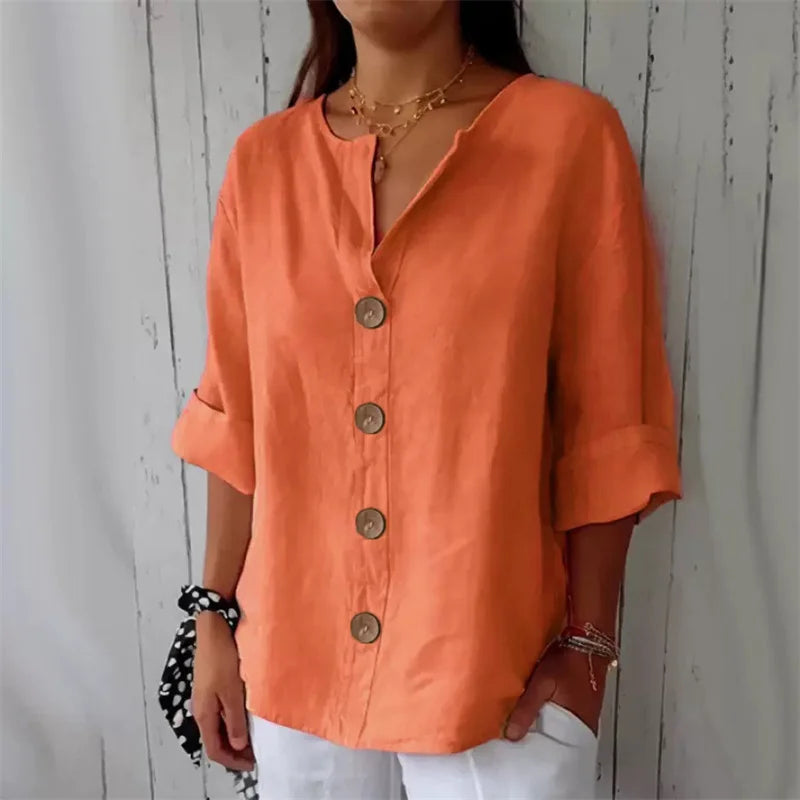 Women V Neck Button Shirt Cotton Linen Summer Loose Casual Office Top