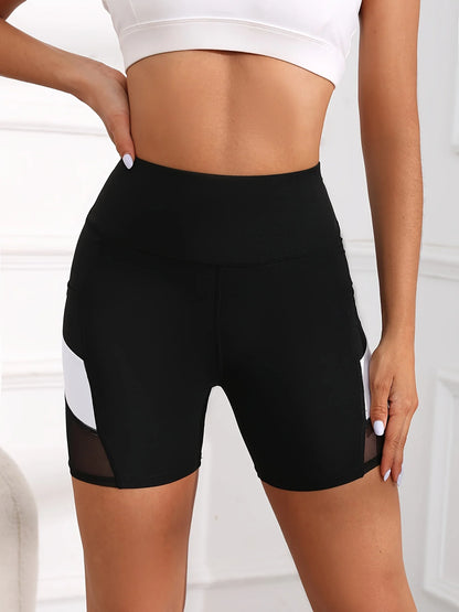 Women High Waist Yoga Shorts Mesh Tummy Control Gym Fitness Shorts Pockets