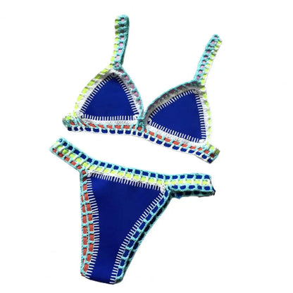 Women Bright Patchwork Crochet Bikini Set Handmade 2 Piece Summer Swimwear