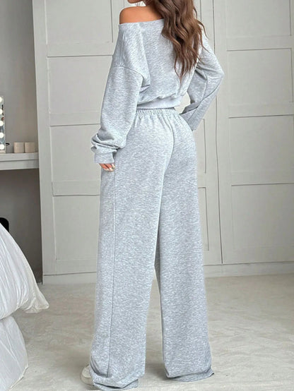 Casual Knitted Loose Long Sleeve Short Set for Women Solid Color Sweatshirt One Shoulder Street Style Polyester Fiber 2025 Au...