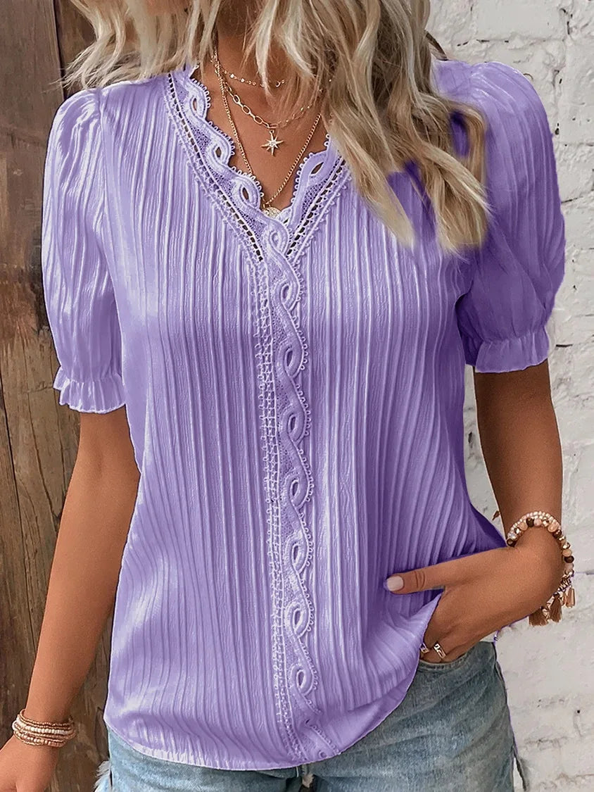 Women V Neck Hollow Top Summer Loose Short Sleeve Plus Size Blouse 2026