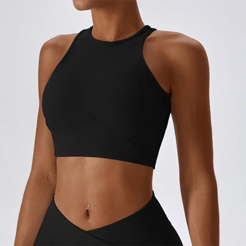 Womens Ribbed Sports Bra High Impact Padded Gym Running Yoga Fitness Top