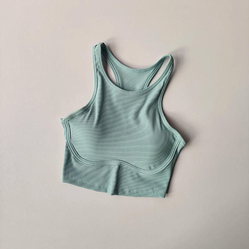 Womens Ribbed Sports Bra High Impact Padded Gym Running Yoga Fitness Top