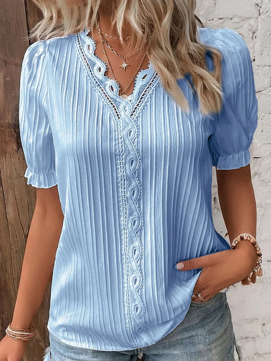 Women V Neck Hollow Top Summer Loose Short Sleeve Plus Size Blouse 2026