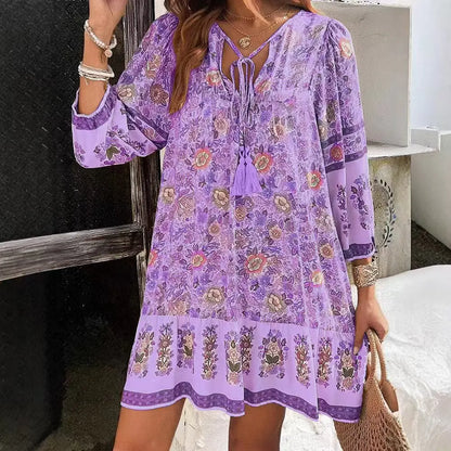 Casual Print Loose Dress – Effortless Vintage Boho Style