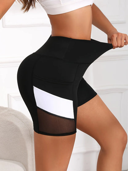 Women High Waist Yoga Shorts Mesh Tummy Control Gym Fitness Shorts Pockets