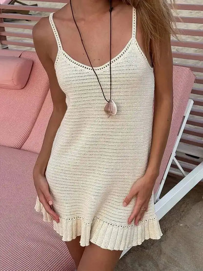 Women’s Crochet Halter Mini Dress Ruffle Knit Summer Beach Dress