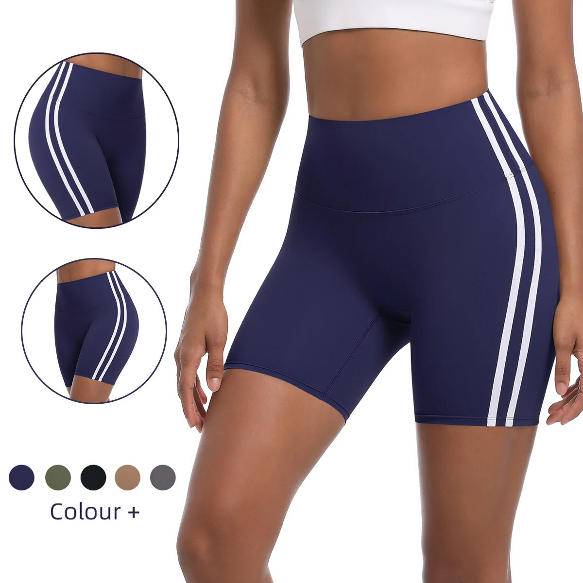 Women High Waist Yoga Shorts Double Stripe Gym Fitness Tummy Control Pants