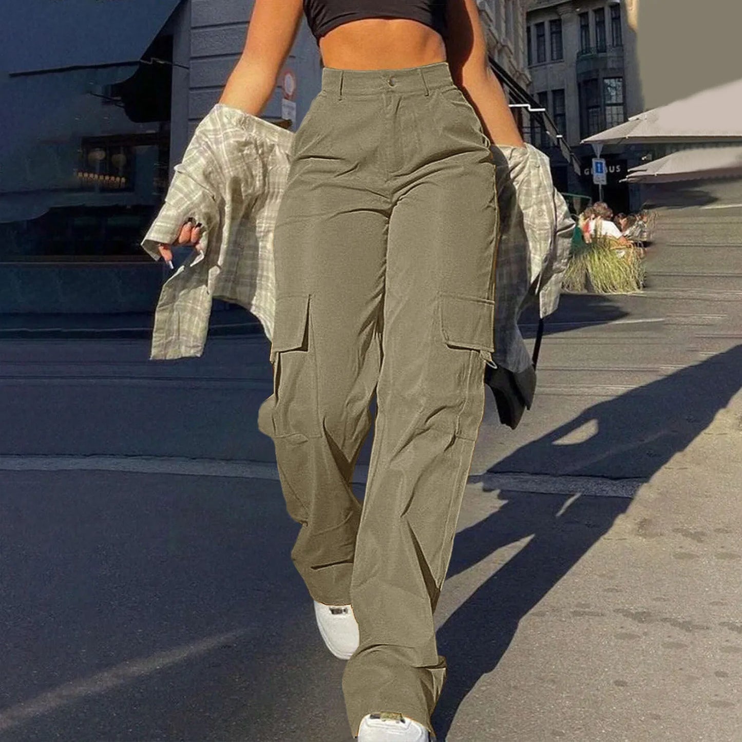 Women Loose Cargo Pants High Waist Wide Leg Trousers Pockets Casual Full Length