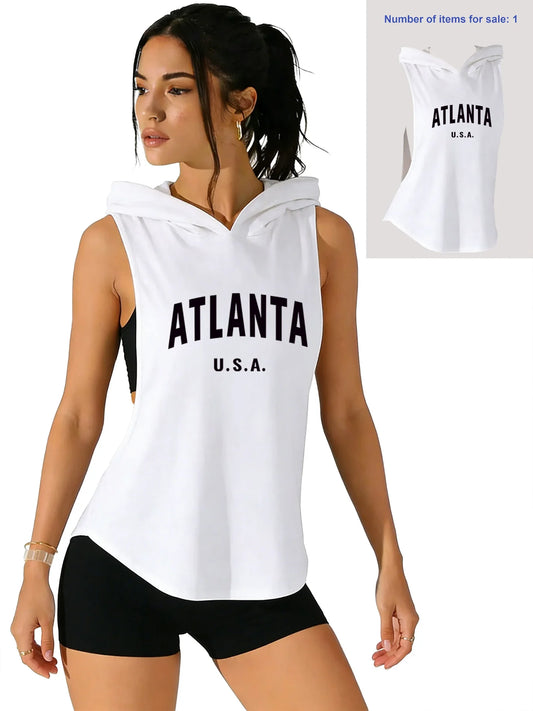 Women Sleeveless Hoodie Atlanta USA Tank Top Loose Side Split Casual Vest TikTok