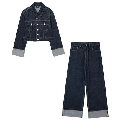 HH Women Denim Set Crop Jacket Wide Leg Jeans Vintage 2 Piece Outfit