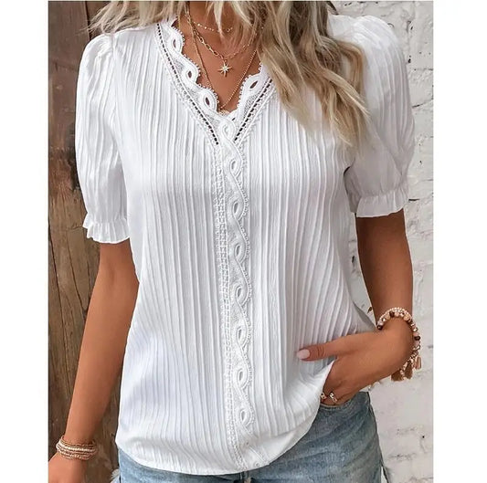 Women V Neck Hollow Top Summer Loose Short Sleeve Plus Size Blouse 2026