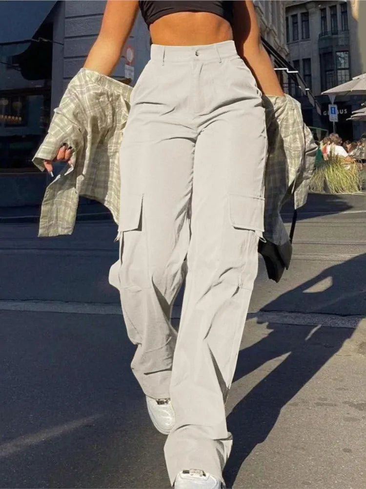 Women Loose Cargo Pants High Waist Wide Leg Trousers Pockets Casual Full Length