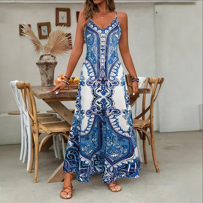 Women’s Blue & White Porcelain Print Maxi Dress Spaghetti Strap Summer Dress