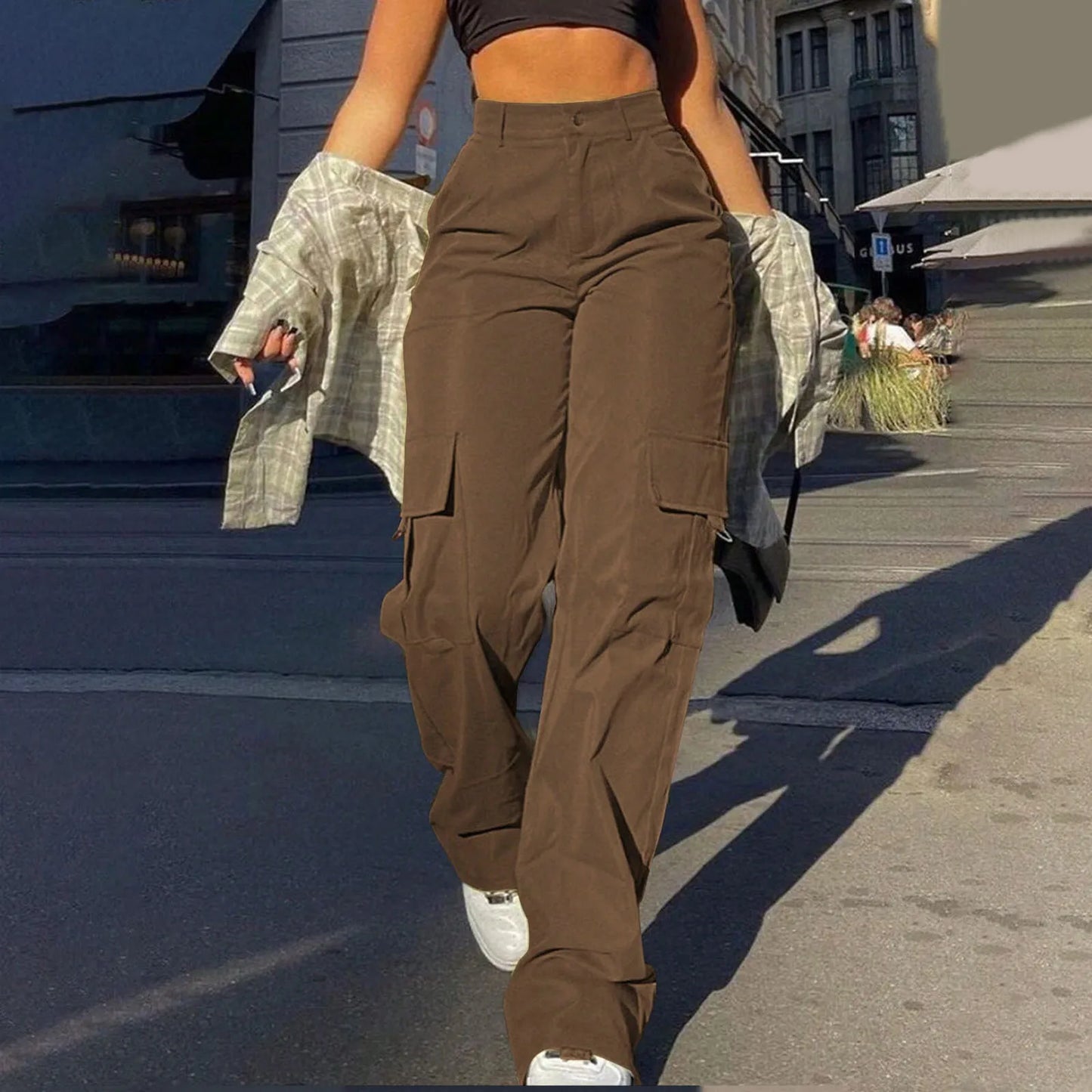 Women Loose Cargo Pants High Waist Wide Leg Trousers Pockets Casual Full Length