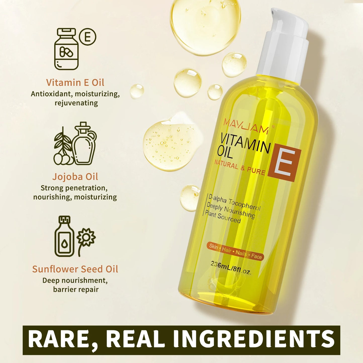 MAYJAM Vitamin E Oil for Face & Skin | Natural Moisturizing Brightening Oil 118ml / 236ml