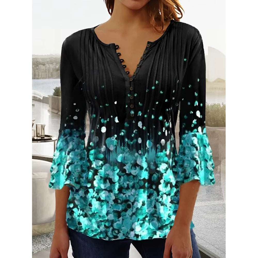 Women Floral V Neck T Shirt Summer Short Sleeve Casual Streetwear Top Holiday