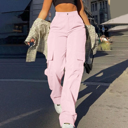 Women Loose Cargo Pants High Waist Wide Leg Trousers Pockets Casual Full Length