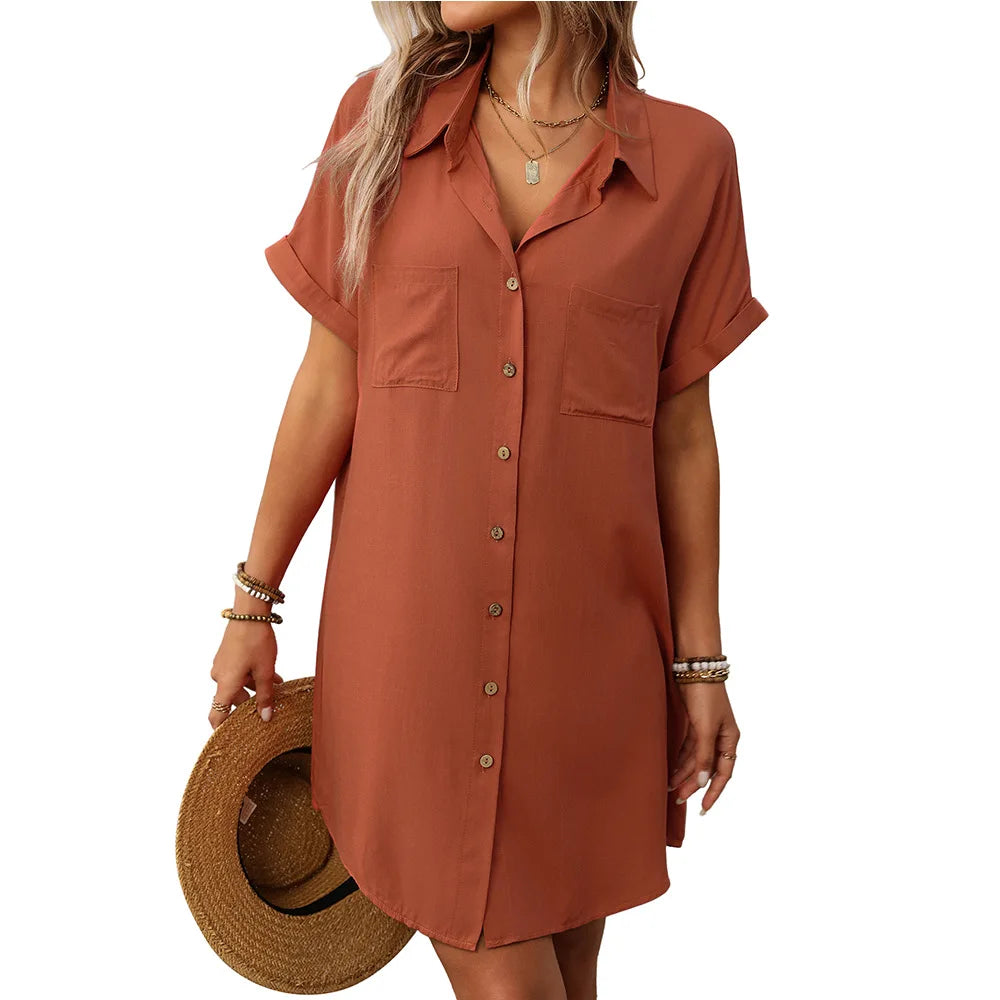 Womens Striped Shirt Dress Cotton Linen Midi Summer Casual Beach Dress