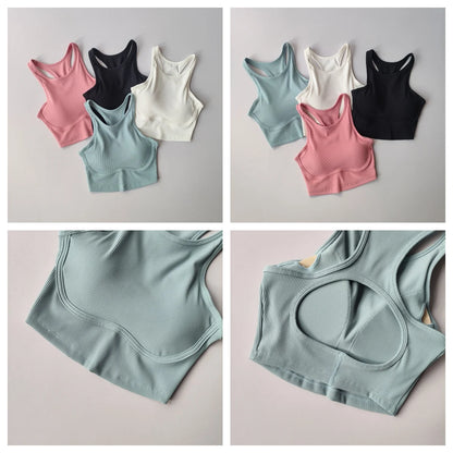 Womens Ribbed Sports Bra High Impact Padded Gym Running Yoga Fitness Top
