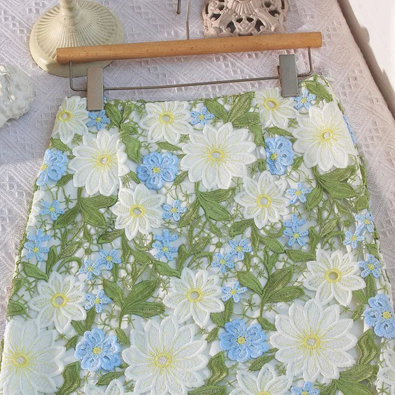 Women’s Crochet Lace High Waist Skirt Floral Embroidered Summer Skirt