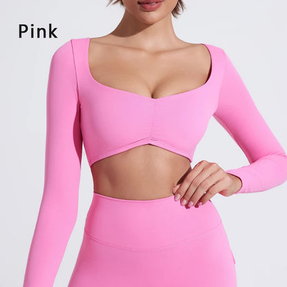 Women Gym Top Long Sleeve Nylon Yoga Shirt Tight Sports Fitness Top