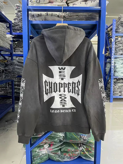 Womans Cross Logo Zipper Hoodie | Vintage Washed Black Oversized