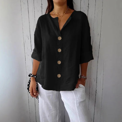 Women V Neck Button Shirt Cotton Linen Summer Loose Casual Office Top