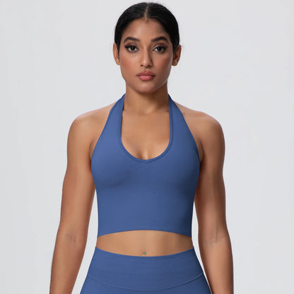 Women Backless Halter Sports Bra Naked Feel Yoga Gym Workout Crop Top