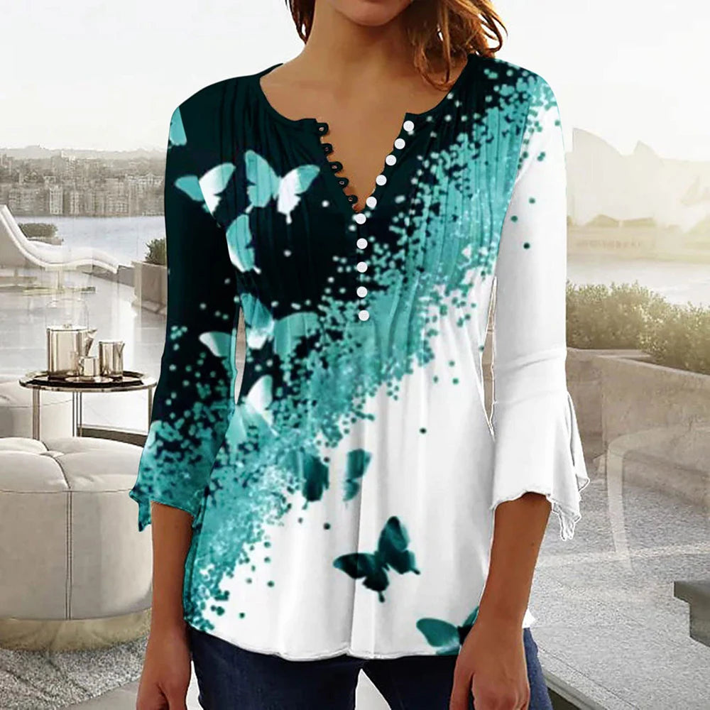 Women Floral V Neck T Shirt Summer Short Sleeve Casual Streetwear Top Holiday