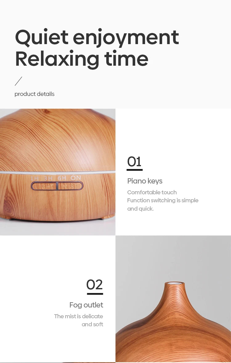 500ML Aromatherapy Essential Oil Diffuser – Wood Grain Design  Remote Control Ultrasonic Air Humidifier with 7-Color LED Light