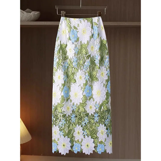 Women’s Crochet Lace High Waist Skirt Floral Embroidered Summer Skirt