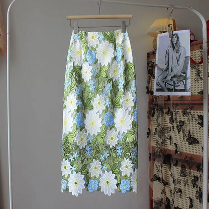 Women’s Crochet Lace High Waist Skirt Floral Embroidered Summer Skirt