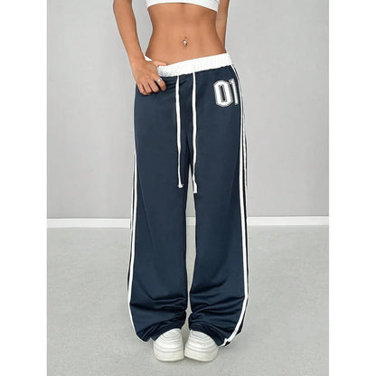 Women Striped Casual Pants Loose Tie Waist Color Block Street Style Plus Size