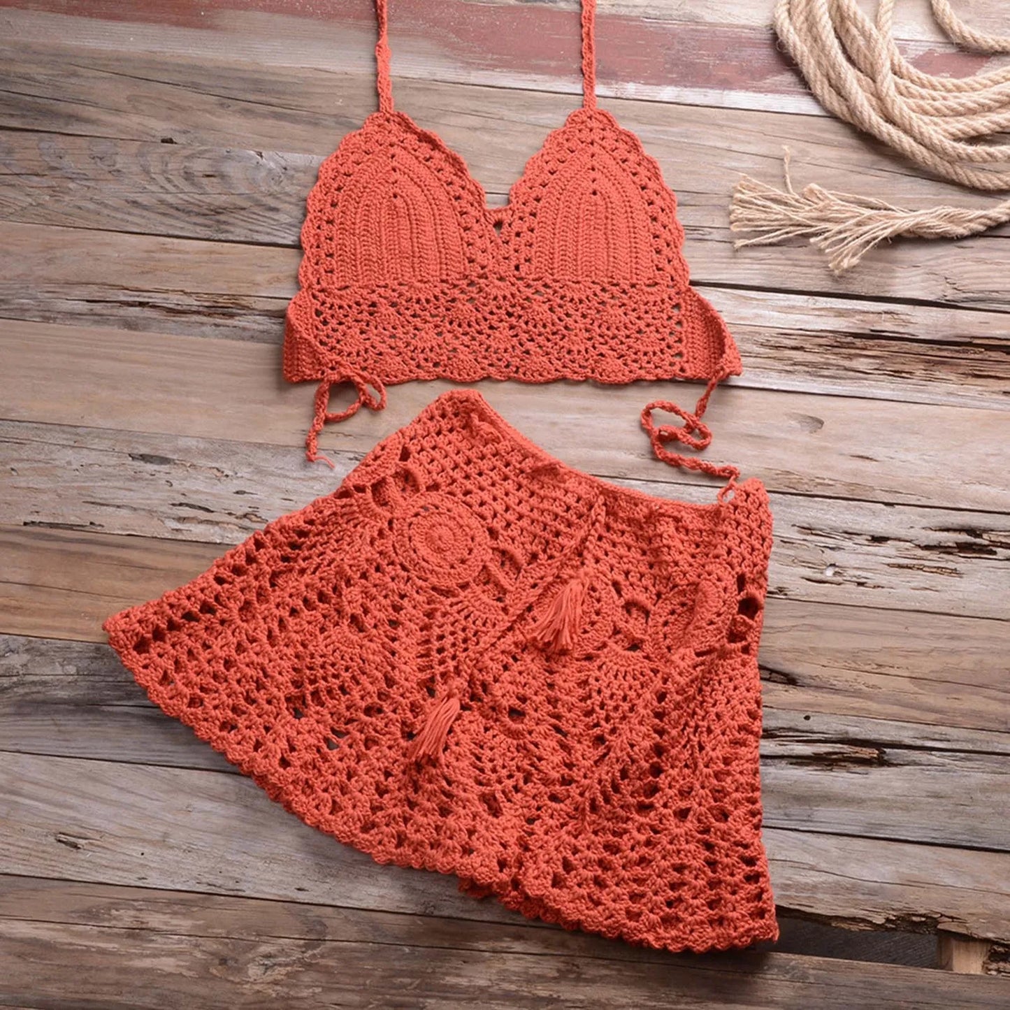 Boho Crochet Bikini Set Women Hollow Out Halter Summer Beachwear