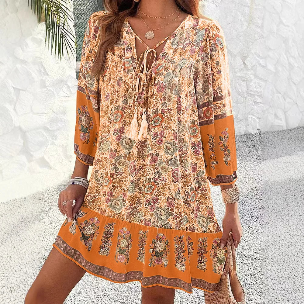 Casual Print Loose Dress – Effortless Vintage Boho Style