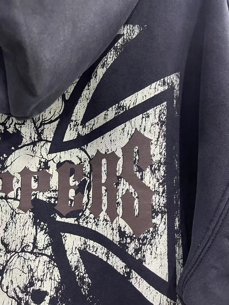 Womans Cross Logo Zipper Hoodie | Vintage Washed Black Oversized