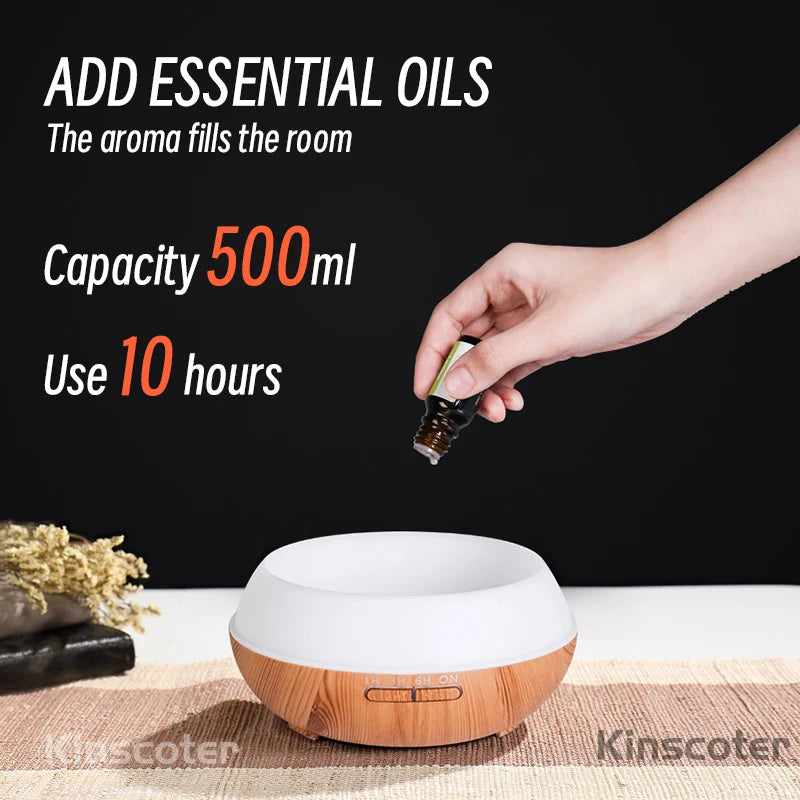 500ML Aromatherapy Essential Oil Diffuser – Wood Grain Design  Remote Control Ultrasonic Air Humidifier with 7-Color LED Light