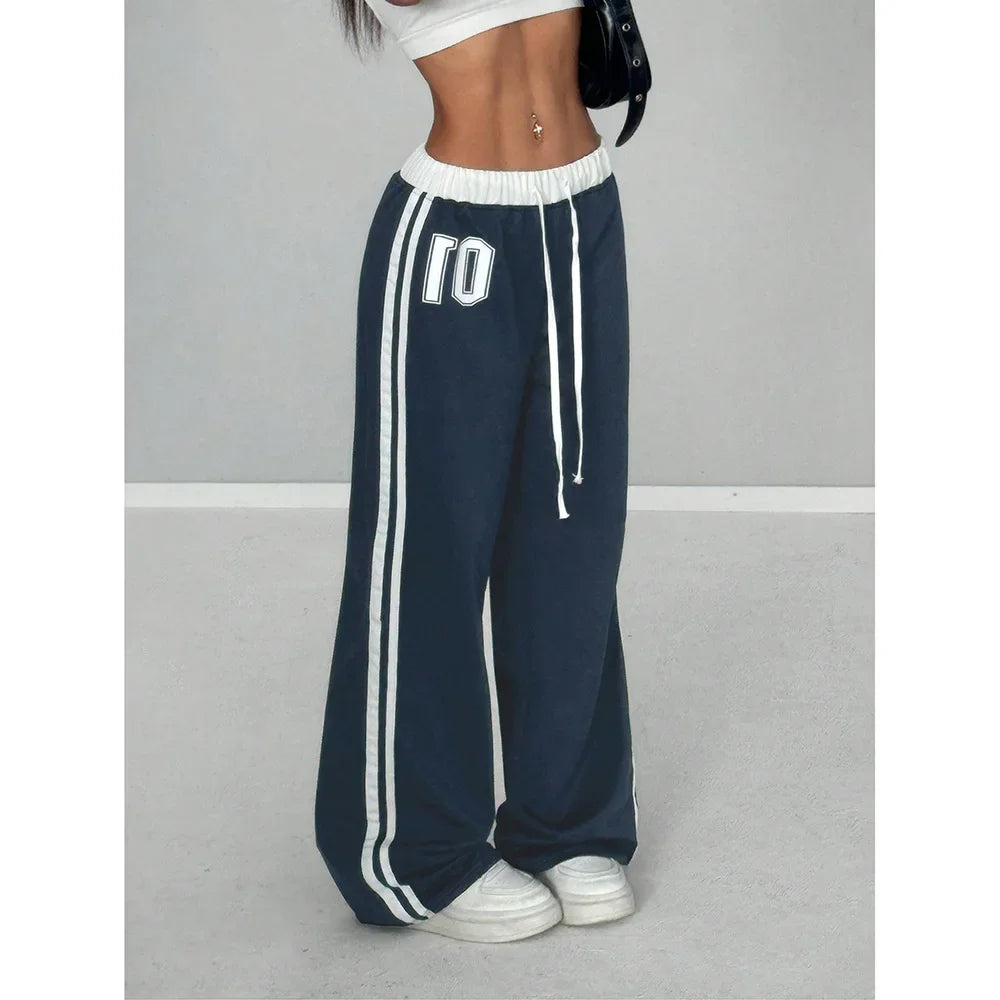 Women Striped Casual Pants Loose Tie Waist Color Block Street Style Plus Size