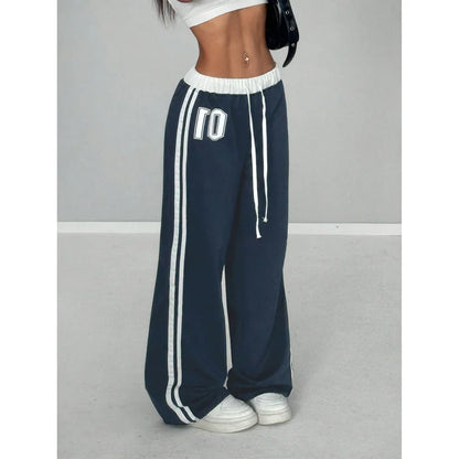 Women Striped Casual Pants Loose Tie Waist Color Block Street Style Plus Size