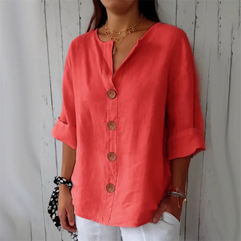 Women V Neck Button Shirt Cotton Linen Summer Loose Casual Office Top