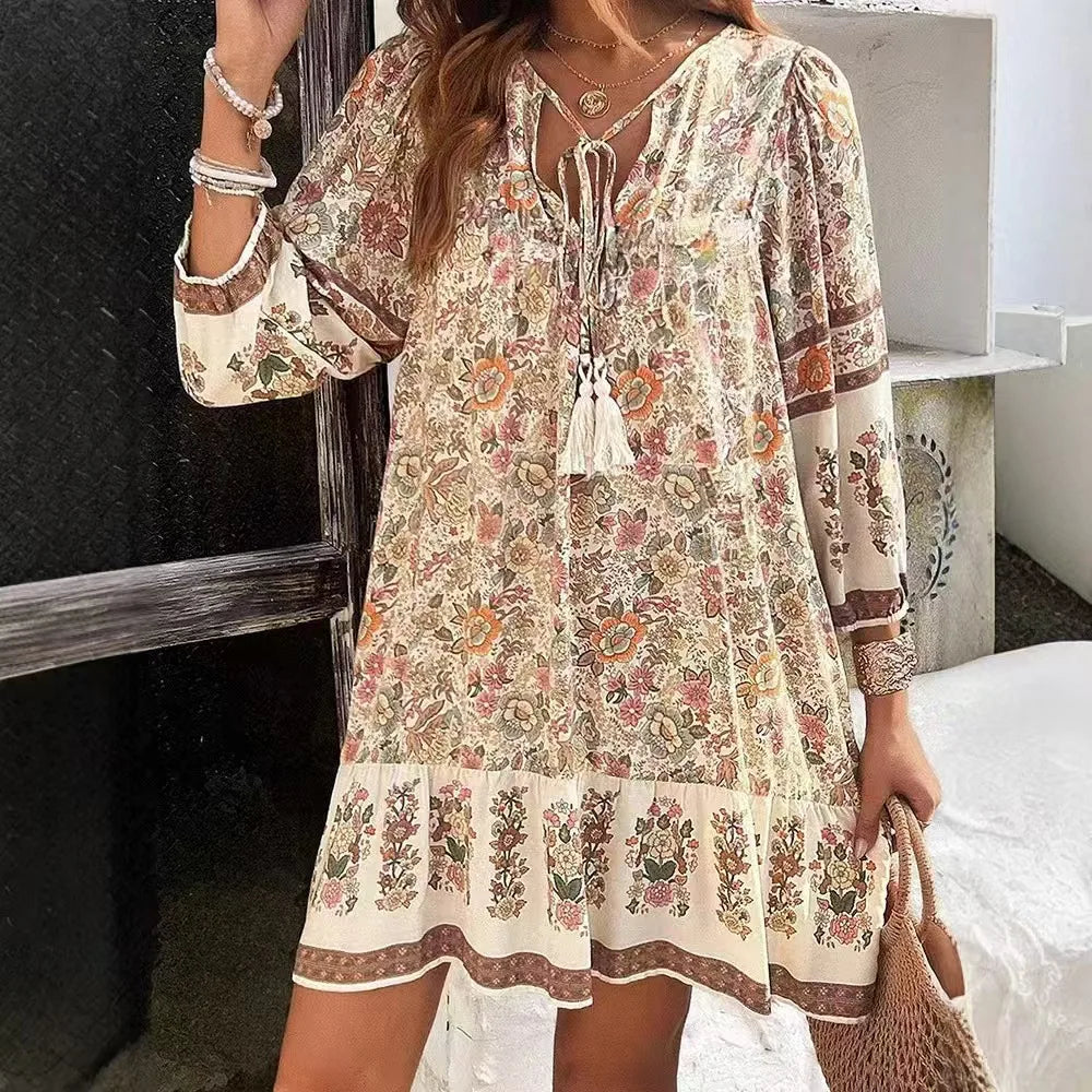 Casual Print Loose Dress – Effortless Vintage Boho Style
