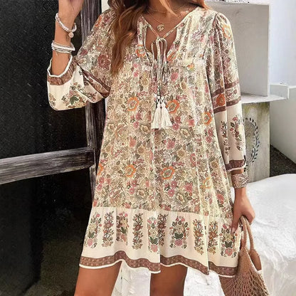 Casual Print Loose Dress – Effortless Vintage Boho Style