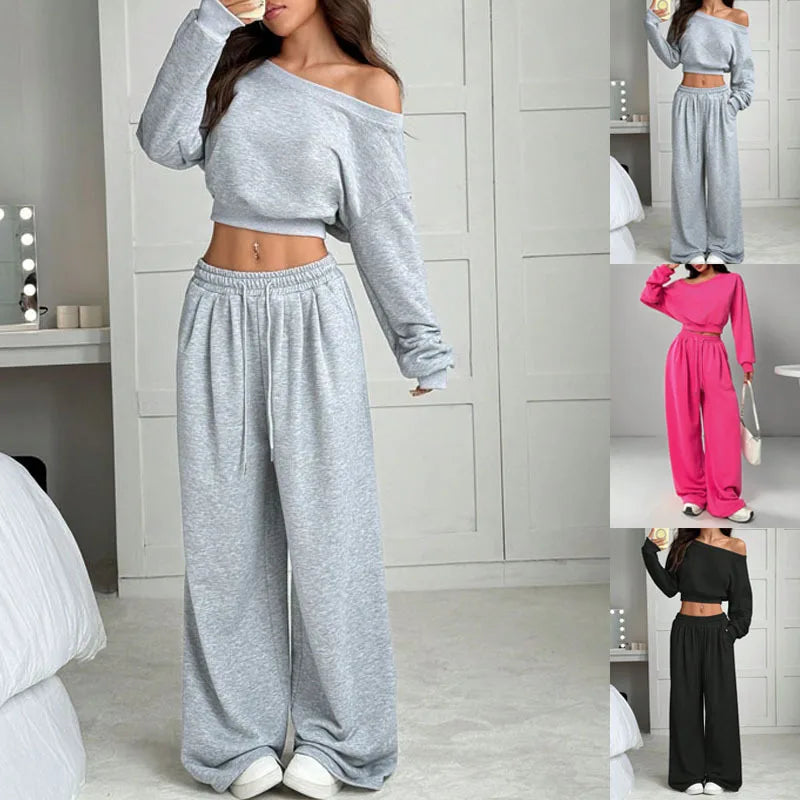 Casual Knitted Loose Long Sleeve Short Set for Women Solid Color Sweatshirt One Shoulder Street Style Polyester Fiber 2025 Au...