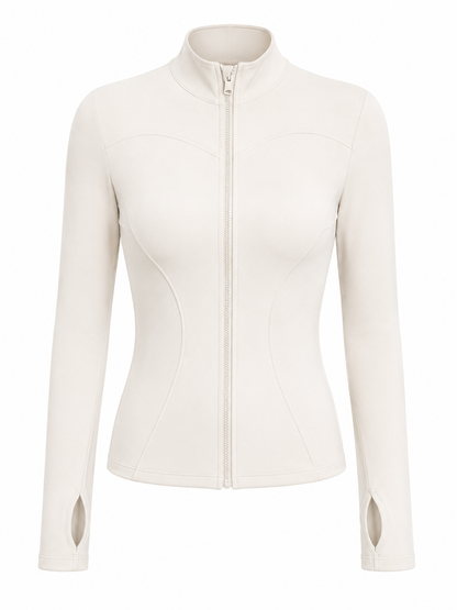 Fierce Ember™ Elevate women’s gym jacket in Arctic White with sculpting seams, full zip, high collar and thumb-hole sleeves.