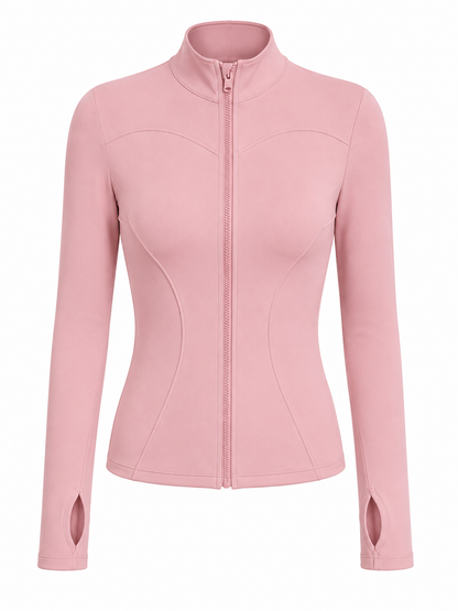 Fierce Ember™ Elevate women’s gym jacket in Dusty Rose with sculpting seams, full zip, high collar and thumb-hole sleeves.