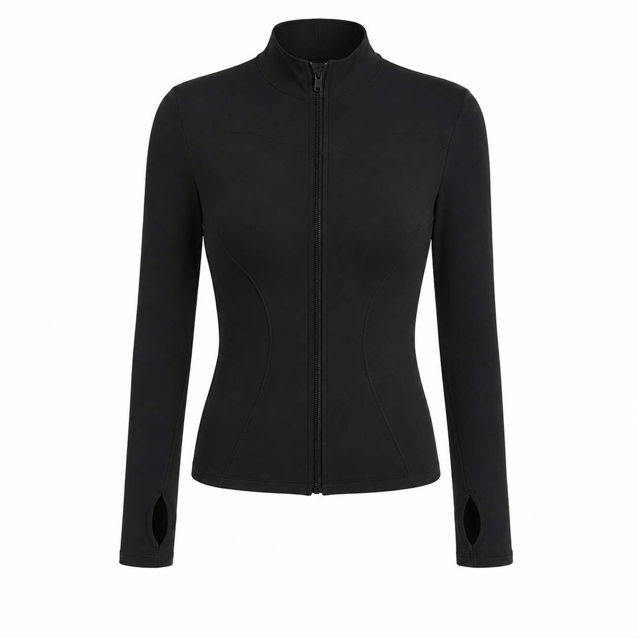 Fierce Ember™ Elevate women’s gym jacket in Midnight Black with sculpting seams, full zip, high collar and thumb-hole sleeves.