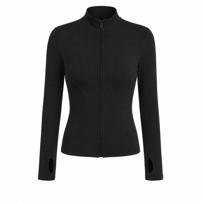 Fierce Ember™ Elevate women’s gym jacket in Midnight Black with sculpting seams, full zip, high collar and thumb-hole sleeves.