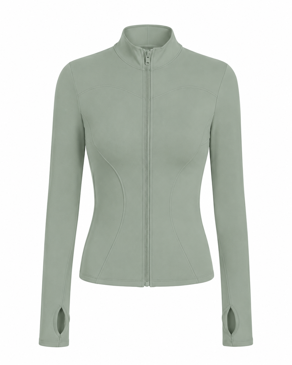 Fierce Ember™ Elevate women’s gym jacket in Sage Green with sculpting seams, full zip, high collar and thumb-hole sleeves.