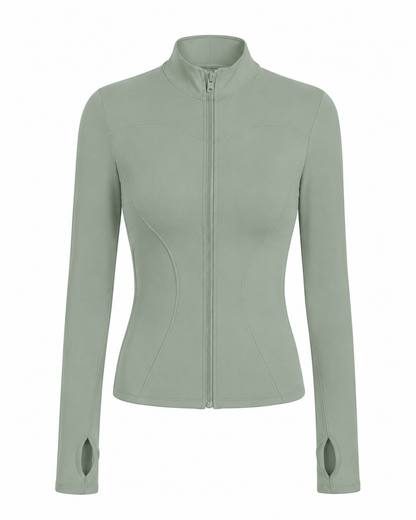 Fierce Ember™ Elevate women’s gym jacket in Sage Green with sculpting seams, full zip, high collar and thumb-hole sleeves.